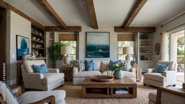 Fototapeta beautiful small space casual living family room soft neutral wood beams and a gorgeous grouping of swivel color fabric chairs around a striking coffee table coastal design nature freshness home