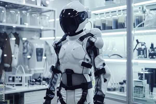 Fototapeta A man wearing a space suit stands in a high-tech laboratory, Prototype of a biotech suit in a lab, AI Generated