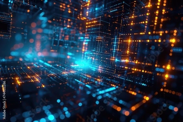 Fototapeta A vibrant abstract background featuring a mix of blue and yellow colors with dynamic illuminated lights, Quantum computer technology abstract image, AI Generated