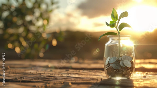Fototapeta plant growing from a glass jar filled with coins, bathed in the warm glow of a setting sun.