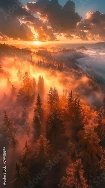 Obraz Enchanted forest at sunrise with mist and golden light