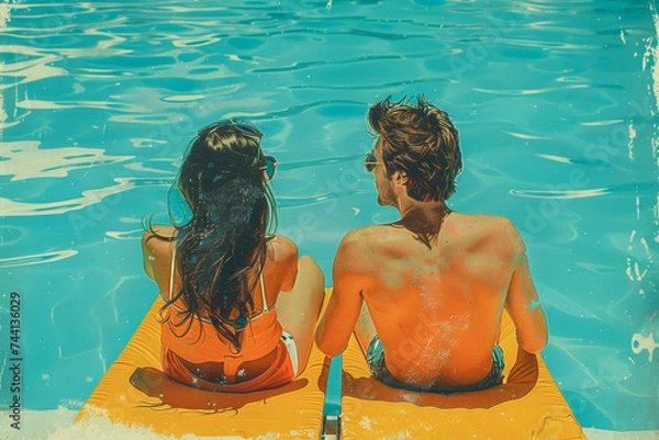 Obraz A young couple, a man and a woman, are sitting by the pool, talking and sunbathing. In the style of vintage postcards from the 70s and 80s