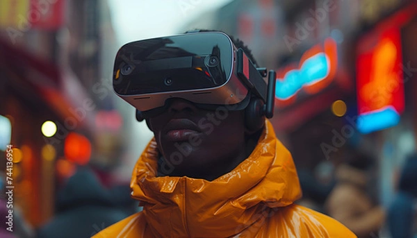 Fototapeta People on the street looking through AR glasses. Concept: Blending virtual reality and the real world