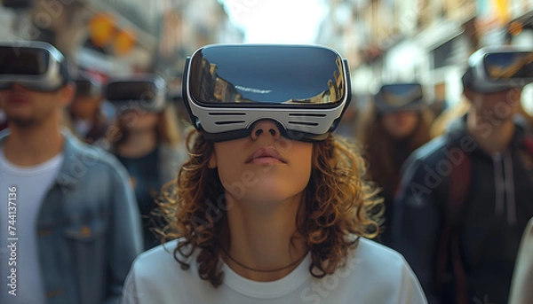 Fototapeta People on the street looking through AR glasses. Concept: Blending virtual reality and the real world