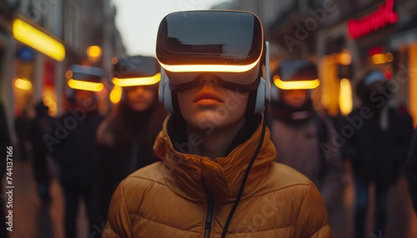 Fototapeta People on the street looking through AR glasses. Concept: Blending virtual reality and the real world