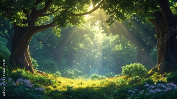 Obraz A sun-drenched enchanted forest clearing with a flowering meadow