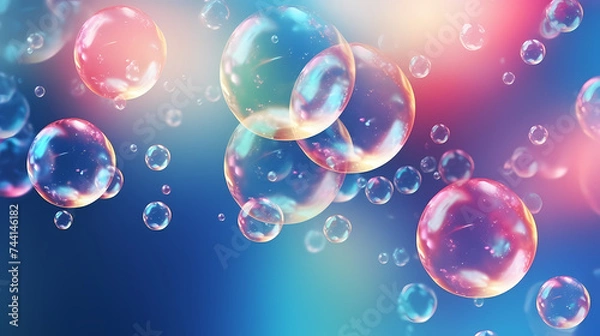 Fototapeta Beautiful floating soap bubbles on natural abstract multicolor background