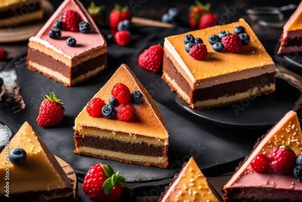 Obraz Close-up view of a Triangle-shaped cake against different backgrounds. 