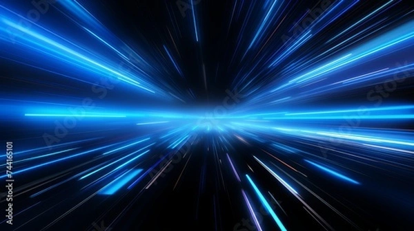 Obraz Digitally generated image of blue light and stripes moving fast over black background