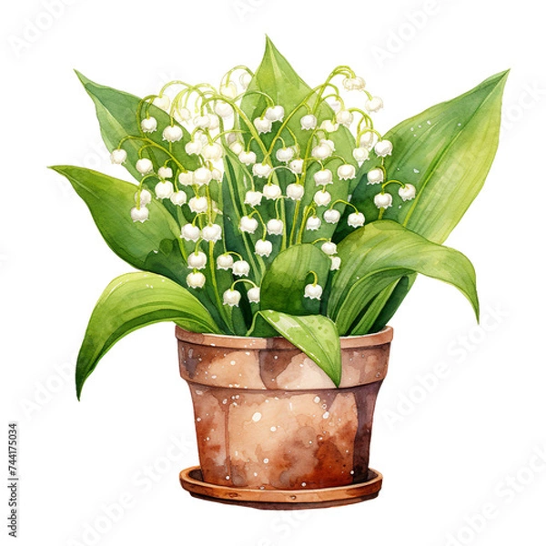 Fototapeta lily of the valley in pot watercolour Generative AI