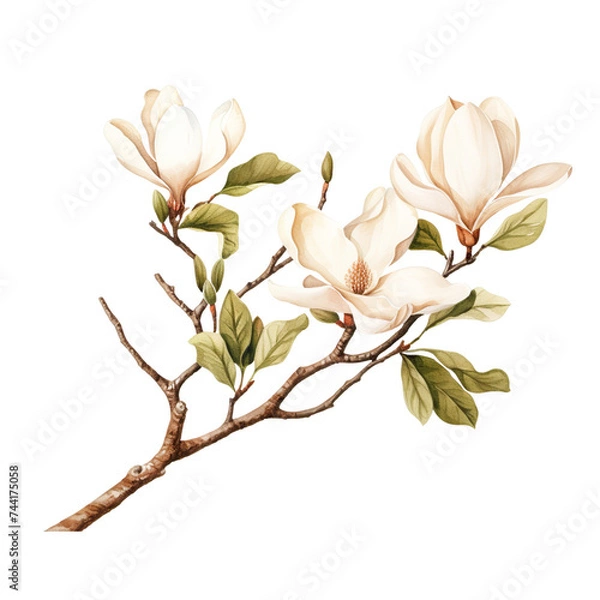 Fototapeta Magnolia flower branch watercolour generative AI