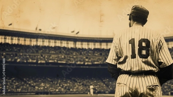 Fototapeta Vintage style baseball player in uniform looking at the field