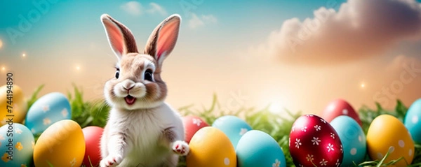 Fototapeta Banner with smiling Happy Easter bunny. Easter eggs on green grass and flower on background of blue sky
