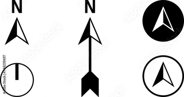 Fototapeta Basic Black and White North Arrow Sign Symbol Icon Set for Map Orientation. Vector Image.