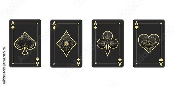 Obraz Black Aces deck of cards With Distinct Vintage Designs isolated on a White Background. Classic vintage four aces.