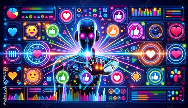 Obraz Futuristic Sentiment Analysis: Friendly robots interact with holographic sentiment data.