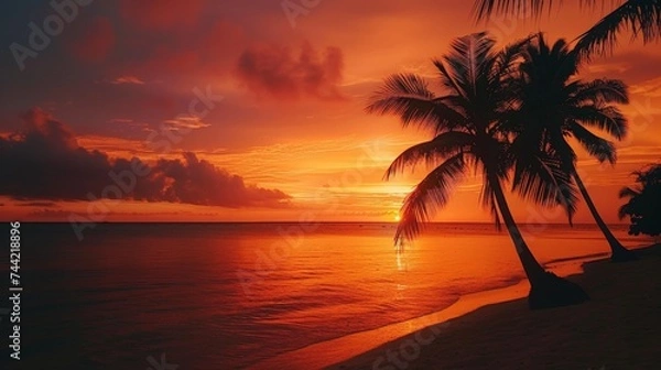 Fototapeta As the fiery sun dips below the horizon, casting a warm afterglow over the tranquil ocean, a lone palm tree stands tall in the serene tropics, a perfect end to a peaceful outdoor evening