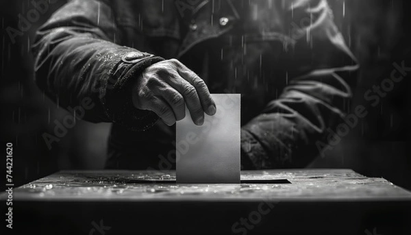 Fototapeta Voter inserting ballot into ballot box. Concept: Soaked voter lacking trust in politicians