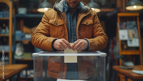 Fototapeta Voter inserting ballot into ballot box.