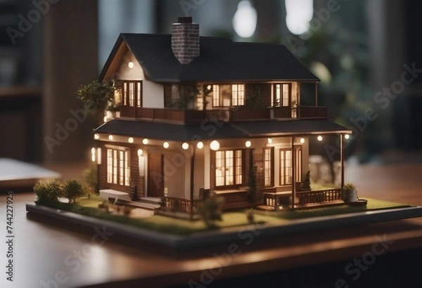 Fototapeta A concept holo 3d render model of a small living house on a table in a real estate agency House architecture