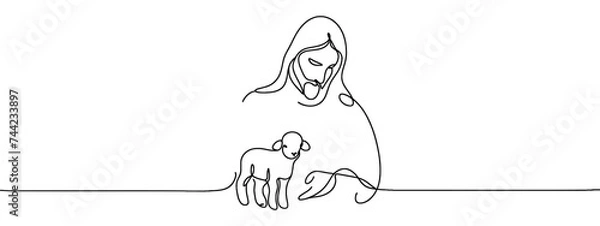 Obraz One continuous one drawn line art doodle of a spiritual Jesus Christ with the lamb .Isolated image of a hand-drawn outline on a white background.
