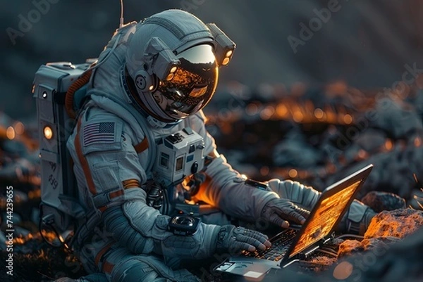 Obraz astronaut working on a laptop in the moonlight, in the style of innovative page design. Generative AI