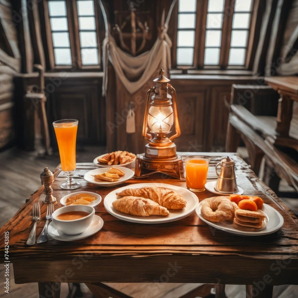 Fototapeta A ship cabin, shrouded in smoke and dim light, reveals a rustic wooden table. Warm croissants, steaming coffee, and fresh fruit create a cozy breakfast scene illuminated by soft, vintage light. Perfec