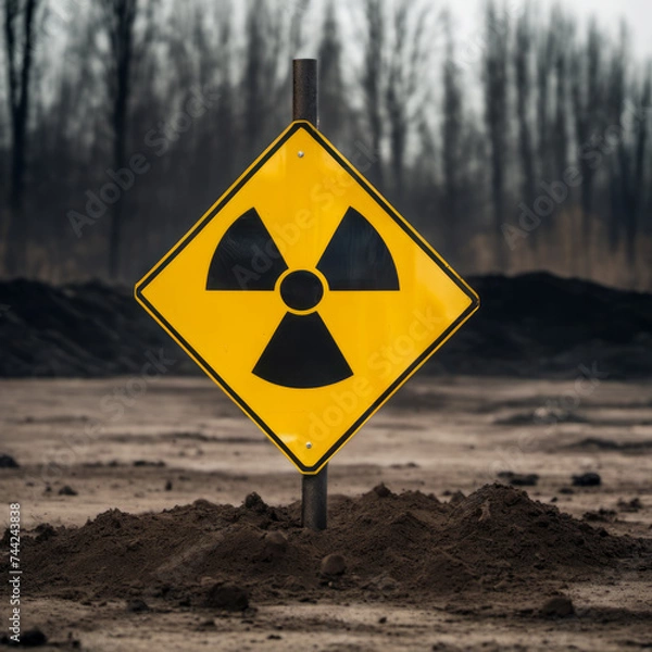 Fototapeta radiation warning sign and dead trees on the background