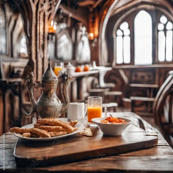 Fototapeta A weathered wooden table in the smoky dimness of a ship's cabin holds a breakfast spread: warm croissants, steaming coffee, and fresh fruit.  Gentle, vintage light pierces the darkness. Hints of trave