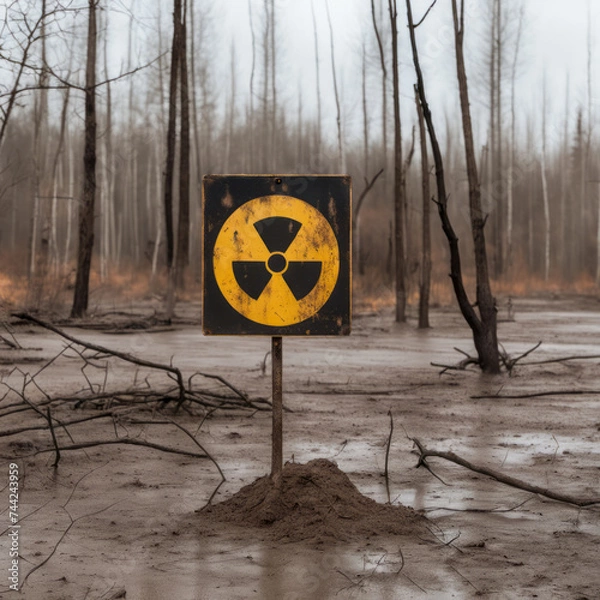 Fototapeta radiation warning sign and dead trees on the background