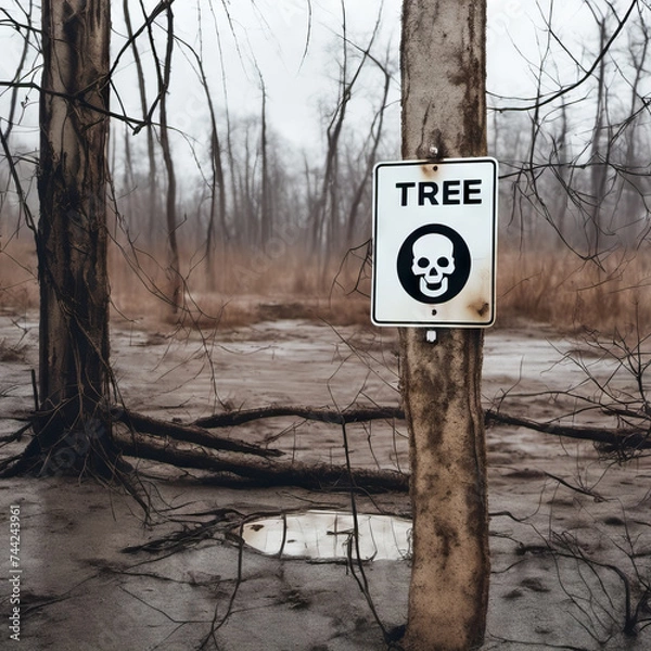 Fototapeta sign on the tree with dead trees on background