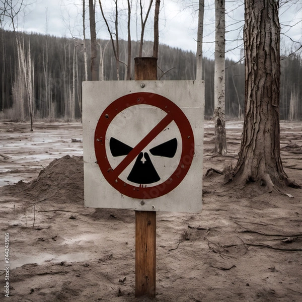 Fototapeta A sign surrounded by dead trees, marking a desolate scene.