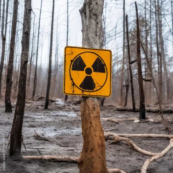 Fototapeta radiation warning sign and dead trees on the background


