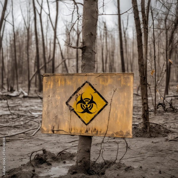 Fototapeta radiation warning sign and dead trees on the background

