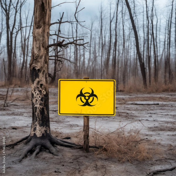 Fototapeta radiation warning sign and dead trees on the background

