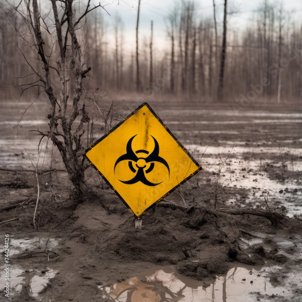 Fototapeta radiation warning sign and dead trees on the background

