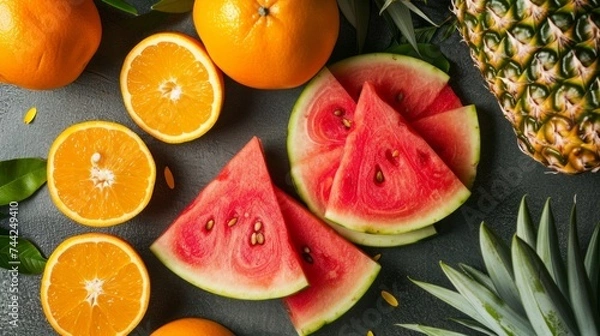 Fototapeta Watermelon slices with oranges and pineapple on a table generative ai