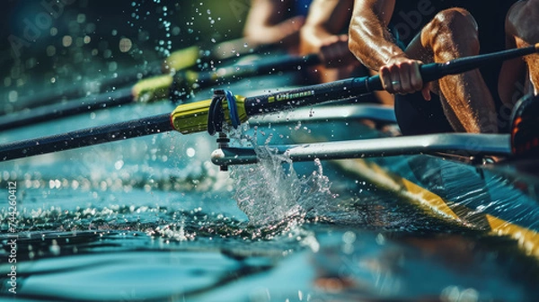 Fototapeta rowing competition on the river, sport, athletes, oars, boat, nature, healthy lifestyle, men, lake, water, hands, strength, speed, floating