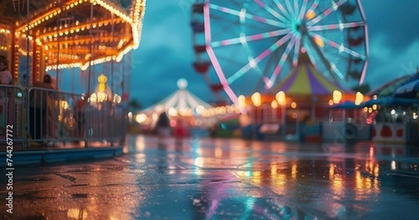 Fototapeta The Burst of Colors and Joy at a Summer Carnival as Dusk Settles In