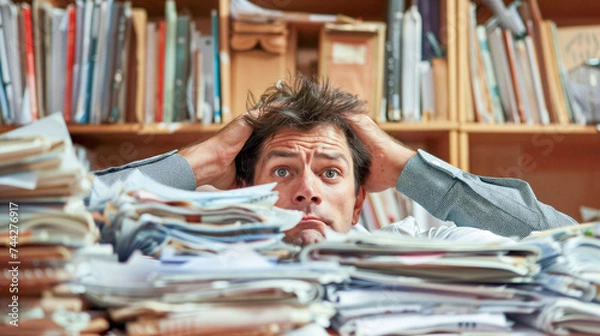 Obraz stressed out office worker in pile of paper and file folders