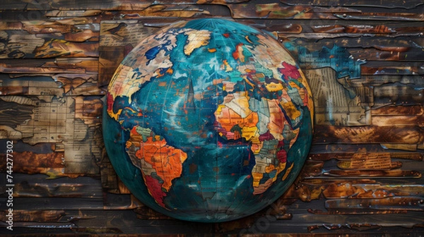 Fototapeta Rustic Globe Art with Wooden and Newspaper Background