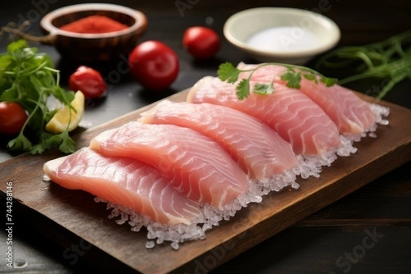 Fototapeta Raw fish fillet. Tilapia meal dinner. Generate Ai