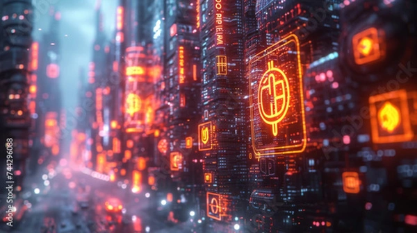 Fototapeta A futuristic market scene with virtual stalls selling digital goods and services. Above the stalls floating icons of different digital currencies signify the wide range of