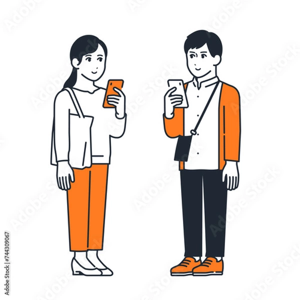 Fototapeta 屋外でスマホを見る若い男女のシンプルなベクターイラストセット素材