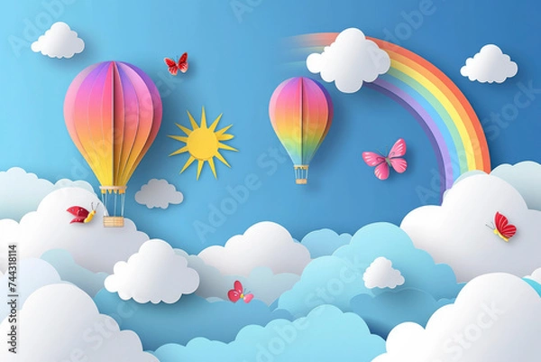 Obraz Beautiful fluffy clouds on blue sky background with summer sun, butterfly, hot air balloons and rainbow