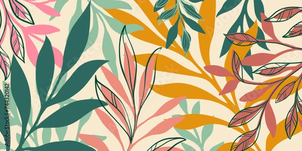 Obraz Abstract art vintage colors tropical line art leaves background vector. Wallpaper design with leaves shapes and scribble doodle linear leaf. vintage botanical floral pattern