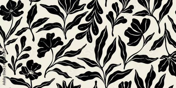 Obraz Leaves branch and Hand Drawn doodle Scribble floral plants banner, seamless pattern. Creative minimalist Abstract art background. Design wall decoration, postcard, poster or brochure