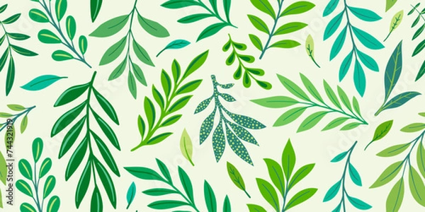 Fototapeta Abstract art green colors tropical line art leaves background vector. Seamless pattern. Wallpaper design with leaves shapes and scribble doodle linear leaf. vintage botanical floral pattern.
