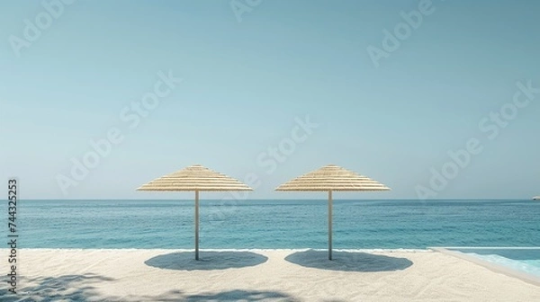 Fototapeta Minimalist coastal landscape with muted tones, umbrellas casting long shadows in the evening