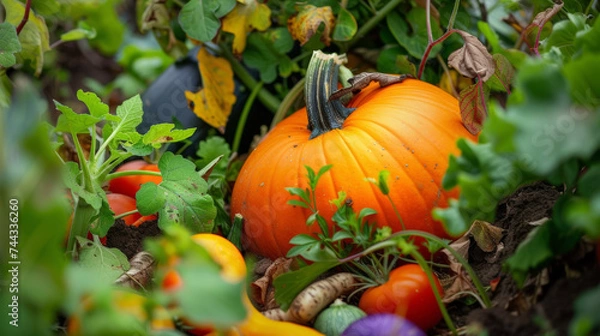 Fototapeta A closeup of a brilliant orange pumpkin nestled a green vines and surrounded by other colorful vegetables.